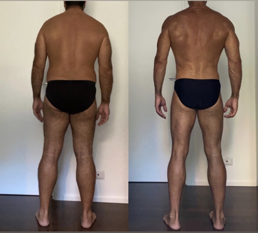 Prima e dopo di un uomo di 48 anni, foto di schiena